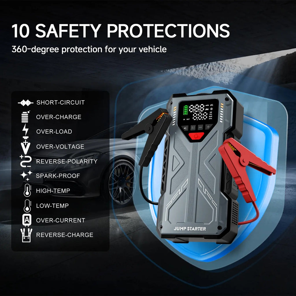 16800mAh 6000A Portable Car Jump Starter with Air Compressor | 5-in-1 Emergency Battery Booster with 150 PSI Tire Inflator & LED Light