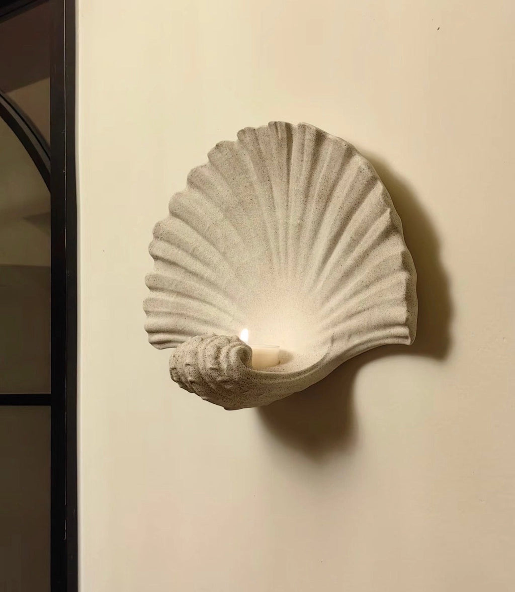 Applique murale porte-bougie en coquillage et grès naturel – Décoration murale sculpturale artisanale en coquillage, lampe bougie bohème côtière pour intérieur
