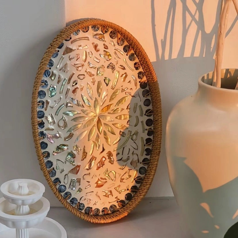 1 acheté, 1 offert – Plateau mosaïque artisanal en coquillages de rotin, plateau de service ovale tressé naturel avec incrustations de nacre pour la décoration et le rangement à la maison