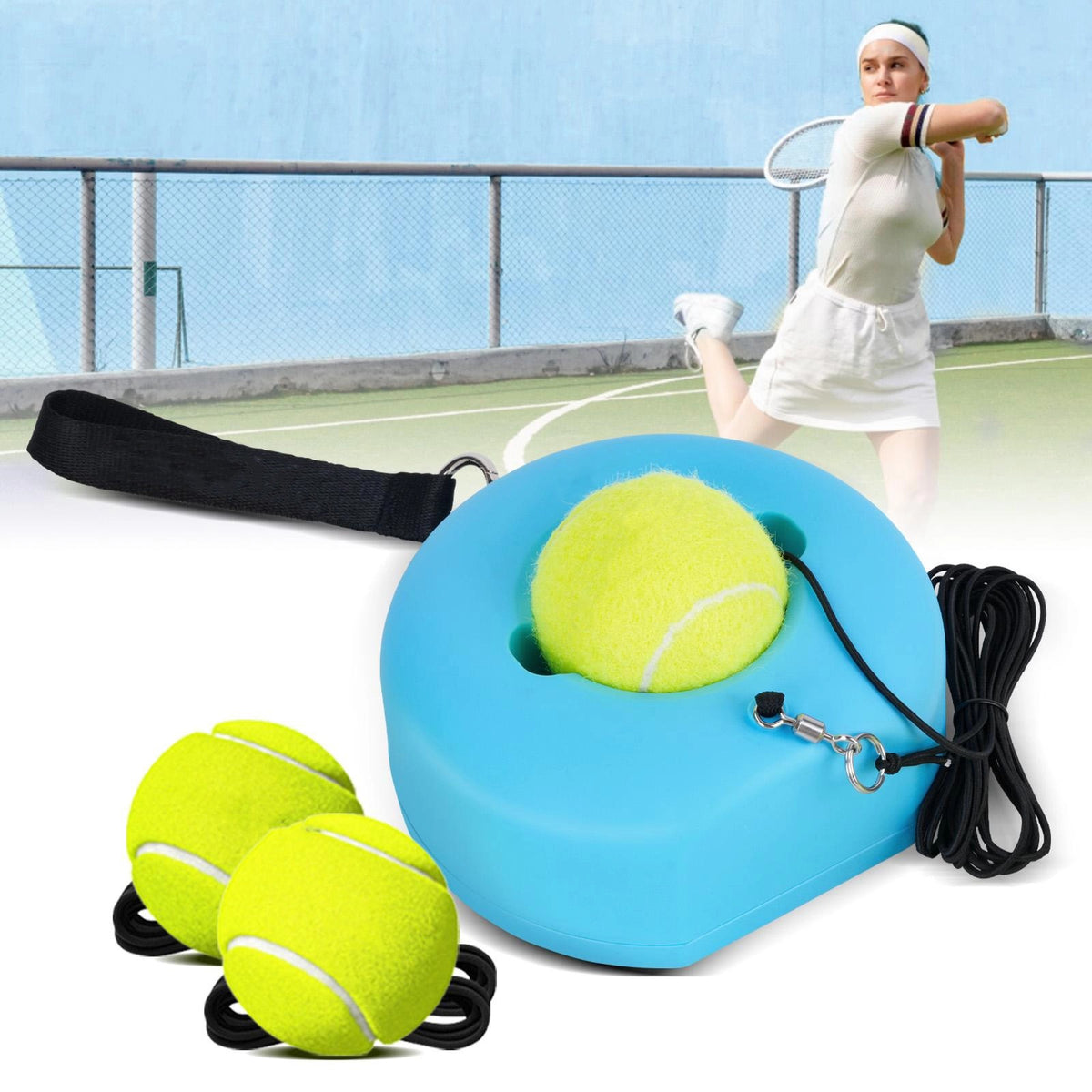 Hochwertiger Tennis-Trainer mit Rückprallfunktion und Metallsockel, tragbares Set mit 3 hochelastischen Tennisbällen an Schnüren, ideal für Erwachsene, Kinder und Anfänger, Trainingsgerät für den Outdoor-Bereich, Sport und Schlägersport