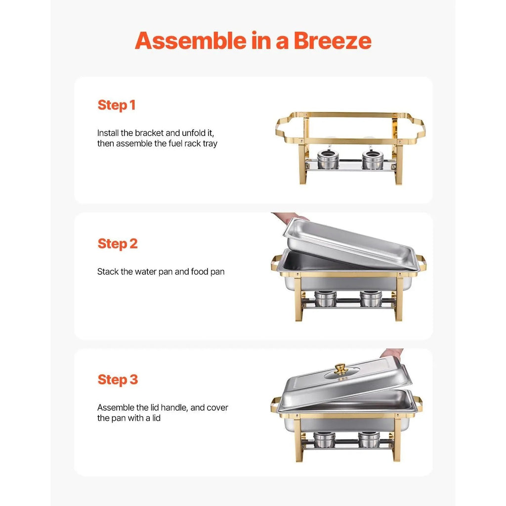 Ensemble de buffet chafing dish doré de 8 pintes - Acier inoxydable