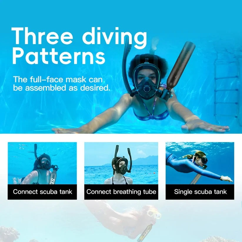 Diving Mask With Scuba Tank.Ideal for travel diving, snorkeling, underwater exploration, boat maintenance, and emergency backup air.