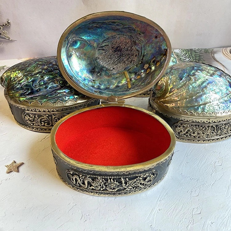 Die Aurora-Drachenschmuckschatulle | Handgefertigt aus Abalone-Muschel und Vintage-Silber